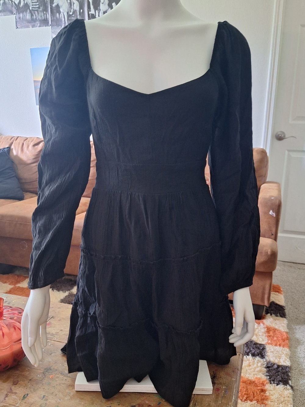 Altar'd State Black Long-Sleeve Tiered Mini Dress Size XL